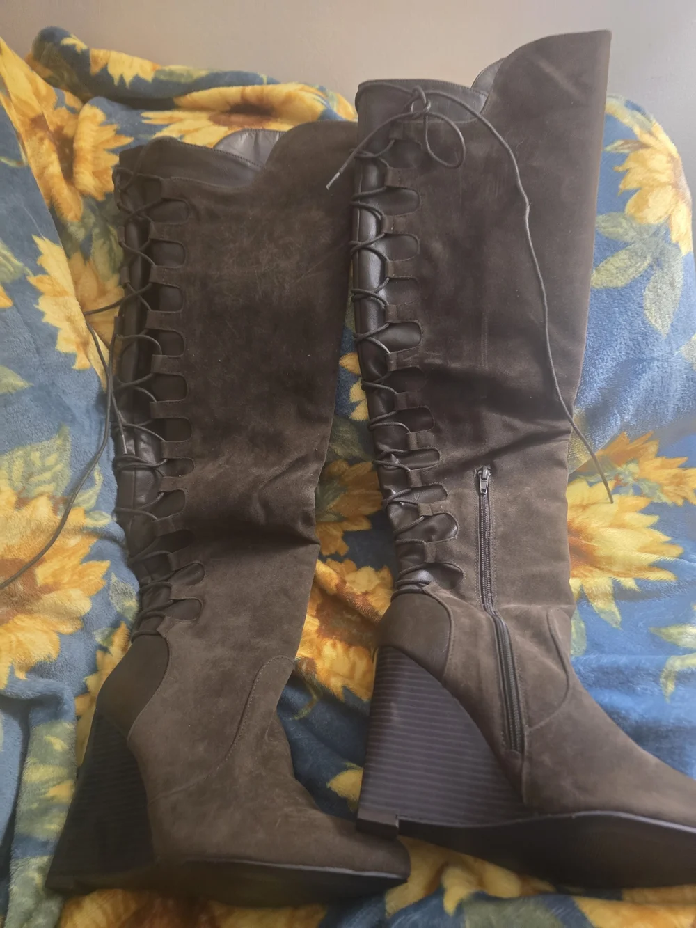 JustFab Brown Lace-Up Suede Ankle Wedge Boots